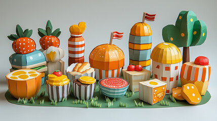 Wall Mural - Colorful paper sculptures of fruits and desserts arranged in playful scene