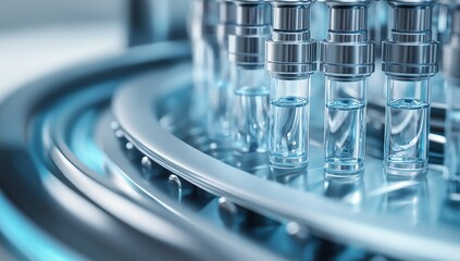 Poster - computerized loading machine filling vials with clear liquid for medical use, showcasing advanced pharmaceutical technology, photography, background