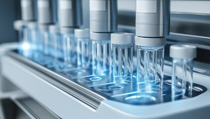 Poster - computerized loading machine filling vials with clear liquid for medical use, showcasing advanced pharmaceutical technology, photography, background