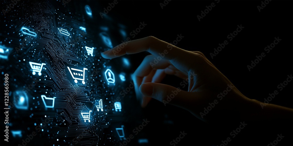 Person touching digital shopping cart icons on illuminated black ...