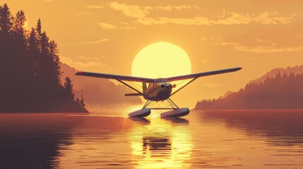 Wall Mural - Sunset Reflection of Seaplane on Calm Lake Surrounded by Nature