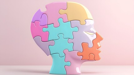 Poster - Bright and vibrant puzzle pieces forming a human head symbolizing the journey of self discovery and mental wellness on a softly blended gradient background in high clarity and focus