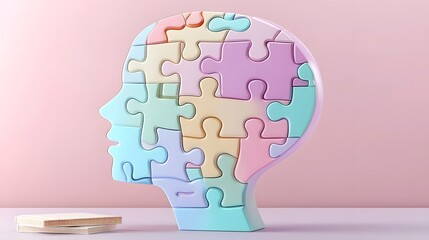 Poster - Detailed and vivid puzzle pieces creating the silhouette of a human head representing mental health awareness and personal growth against a smooth gradient background with a sharp and polished finish