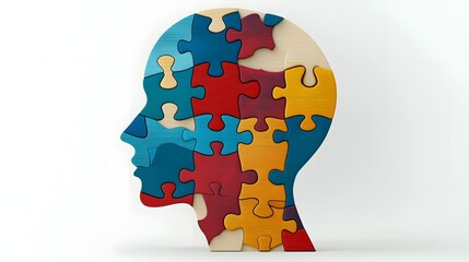 Poster - Conceptual image of a puzzle forming a human head with a single blue piece missing symbolizing incomplete thoughts self discovery