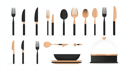 Poster - Elegant and Stylish Modern Minimalist Icon Collection Showcasing a Range of Cutlery Items Including Forks Spoons Knives Plates Bowls and Cloches Perfectly Suited for Dining