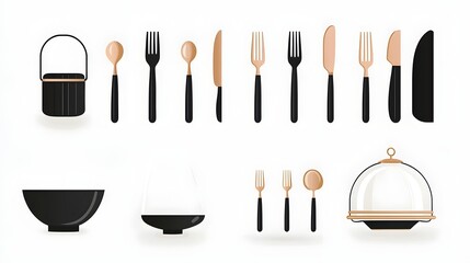 Poster - Modern and minimalist icon collection displaying a variety of cutlery items including forks spoons knives plates and cloches perfectly suited for dining restaurant