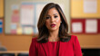© Piyamad - A confident woman in a red outfit speaks in a classroom setting, showcasing a professional and engaging demeanor.