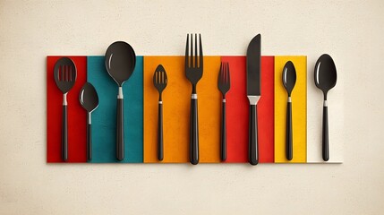Poster - Flat design minimalist icon set featuring chef headwear and essential dining tools like spoons forks and knives ideal for restaurant menu design catering service branding
