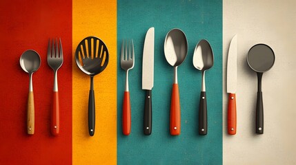 Poster - Minimalist flat design icon set featuring essential chef headwear and dining tools like spoons forks knives ladles and whisks displayed on a simple neutral background  Ideal for restaurant menu