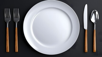 Poster - Sleek and contemporary minimalist icons featuring a plate fork and spoon arranged in a clean and elegant composition on a solid backdrop  This image is perfect for use in restaurant cafe