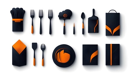 Detailed icon set featuring a comprehensive collection of catering and culinary elements such as chef hat fork spoon dining table and essential kitchen tools designed in a modern and clean style