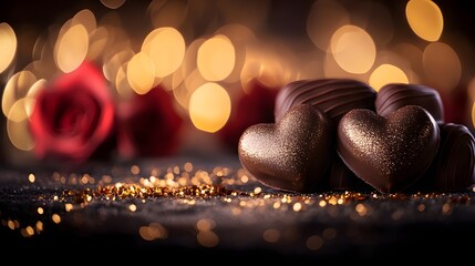 Poster - Luxurious heart shaped chocolate pralines with a glossy finish elegantly placed on a smooth surface with soft focus red roses in the background