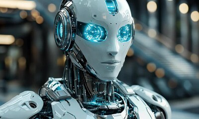 Fototapete - Futuristic robot city portrait AI technology