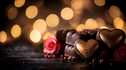 Poster - A heartwarming Valentine s Day scene featuring luxurious heart shaped praline chocolates wrapped in shimmering gold foil artfully arranged with vibrant red and pink roses on a rustic wooden table
