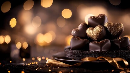 Poster - Exquisite handcrafted heart shaped praline chocolates beautifully displayed on a decorative ceramic plate surrounded by small gift boxes and delicate ribbons