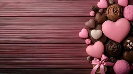 Poster - Beautifully decorated Valentine s Day setting featuring heart shaped praline chocolates in an elegant gift box with satin ribbons
