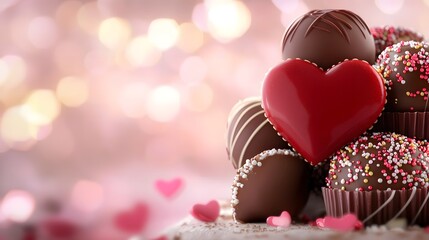 Aufkleber - Decadent heart shaped chocolates truffles and pralines with decorative swirls and sprinkles arranged against a soft romantic pastel pink backdrop for a delightful Valentine s Day