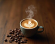 © Jelly - Close-Up of a Steaming Coffee Cup in a Cozy Minimalist Setting – Aesthetic Warm Tones, Wooden Table, and Coffee Beans in Extreme Detail, Capturing Rich Aromas and Indulgence in Stunning