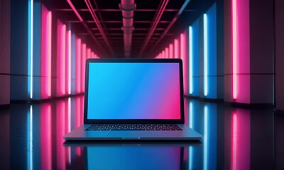 Poster - Neon-lit hallway, laptop screen mockup, futuristic design