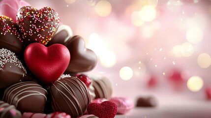 Poster - Whimsical and Decadent Valentine s Day Chocolate Confections Including Heart Shaped Bonbons Candies and Wrapped Sweets Artfully Arranged on a Soft Blush Toned Backdrop with Inviting Bokeh Lighting