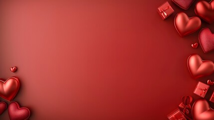 Poster - A stylish and modern Valentine s Day background with a bold red color scheme featuring delicate heart chocolates small gift boxes with ribbons