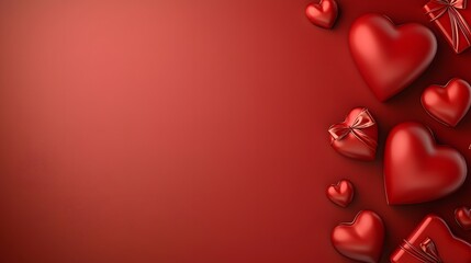 Poster - Stylish Valentine s Day background with a bold red theme including delicate heart chocolates small gift boxes with ribbons and an elegant empty space for text