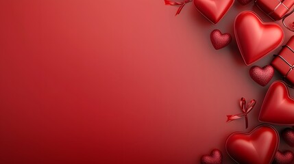 Poster - Romantic minimalist flat lay composition with red heart shaped chocolates wrapped gift boxes and elegant heart ornaments on a vibrant red background leaving empty space for copy or text