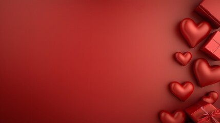Poster - Elegant red gradient background with scattered heart shaped ornaments luxury chocolates romantic gift boxes and a cozy arrangement