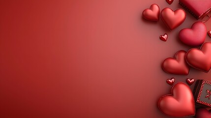 Poster - An inviting and luxurious Valentine s Day flat lay with a warm red gradient backdrop featuring an arrangement of heart shaped ornaments premium chocolates gift boxes