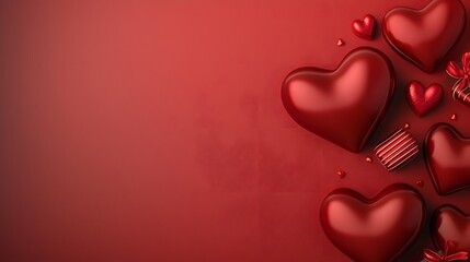 Poster - Charming and modern Valentine s Day composition showcasing heart designs glossy chocolate truffles small romantic gifts and beautifully arranged decorative elements with empty space for messaging