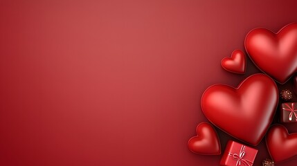 Poster - Charming and modern Valentine s Day composition with a deep red background showcasing heart designs glossy chocolate truffles small romantic gifts and beautifully arranged decorative elements