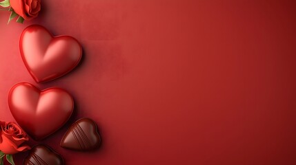 Aufkleber - Minimalist and sophisticated Valentine s Day flat lay featuring a bold red background elegant golden heart ornaments luxurious chocolates and delicate roses