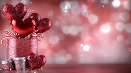Poster - Romantic Valentines Day Background with Layered Glossy Red Hearts Floating on a Soft Textured Crimson Background with a Clean and Elegant Composition