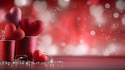 Poster - A vibrant and captivating Valentines Day background featuring glowing red hearts and subtle shimmering sparkles against a dark red gradient creating a dreamy and love filled ambiance