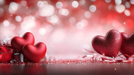 Poster - Soft and romantic Valentine s Day background with delicate red hearts subtly blending into a light red gradient surrounded by a few sparkling highlights for an airy and elegant feel