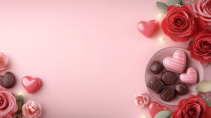 Poster - Romantic Valentine s Day tableau featuring a beautiful arrangement of red roses glowing heart shaped candles and a saucer of assorted gourmet chocolates