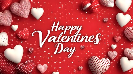 Poster - Elegant red Valentine s Day greeting card design with Happy Valentine s Day text in an ornate white script font surrounded by heart shaped graphic elements on a seamless red pattern background