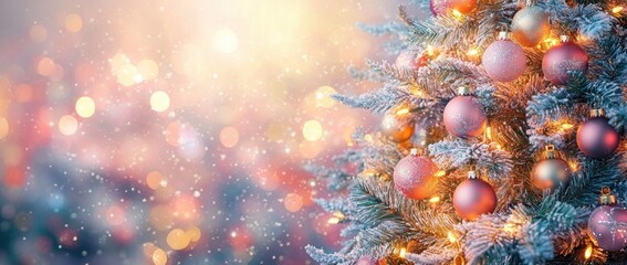 Wall Mural - Christmas Tree with Shimmering Ornaments and Bokeh Lights in a Glittering Background