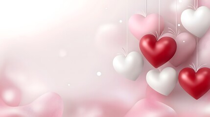 Poster - Minimalist Valentines Day Sale Banner with Soft Pastel 3D Glossy Hearts in Red Pink and White for Promotional or Celebratory Purposes