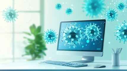 Poster - Computer Screen with Virus Graphics in Modern Workspace Environment