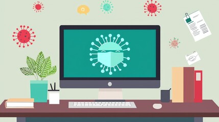 Poster - Computer Desk Illustration with Virus Protection Concept Visuals
