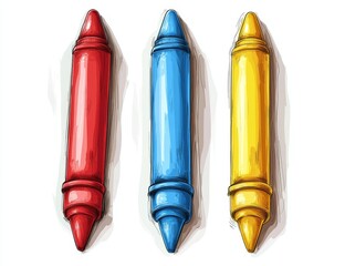 Aufkleber - Three crayons, red, blue, yellow, isolated on white.