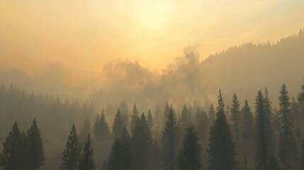  Misty Valley Overshadowed by Thick Rolling Fog at Sunrise