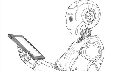 Poster - Futuristic Robot Holding Tablet in Minimalistic Line Art Style