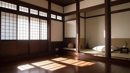 Empty oriental Japanese style room with brown wood panel wall in sunlight from shoji window for interior design decoration