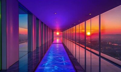 Aufkleber - Sunset Cityscape View from Luxurious Indoor Pool