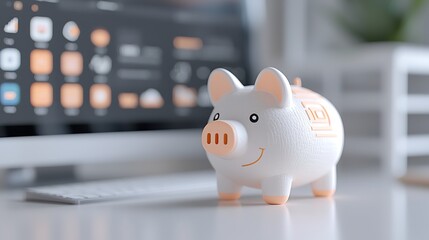 Piggy bank on desk, computer screen background, saving money online