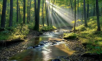 Poster - Sunbeams stream through forest, illuminating creek