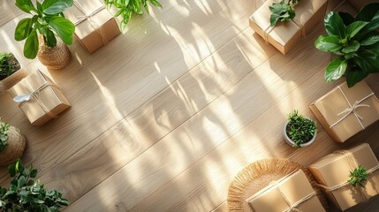 Poster - Beautiful Arrangement of Boxes Surrounded by Lush Green Plants and Sunlight on Wooden Floor