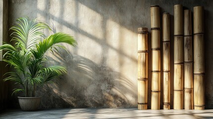 Poster - Elegant Bamboo Display in a Minimalist Construction Space with Natural Light Highlights